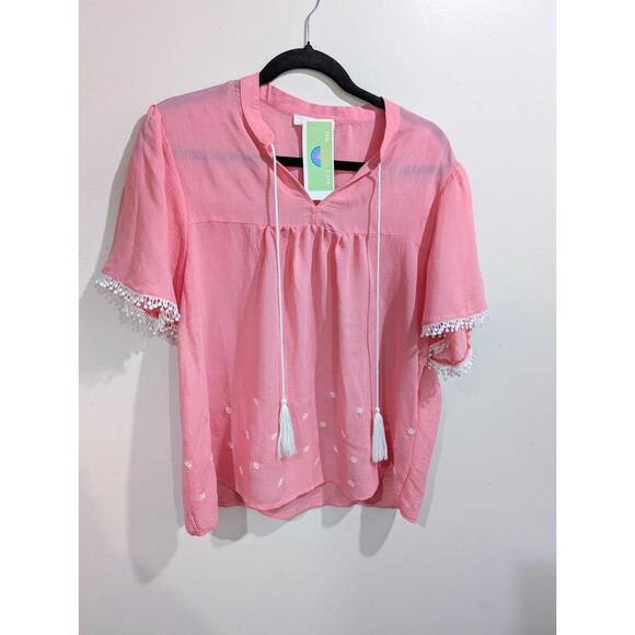 June & Hudson Tops - June & Hudson Pink Embroiderd  Tassel Boho Peasant Top  Size 1 Medium